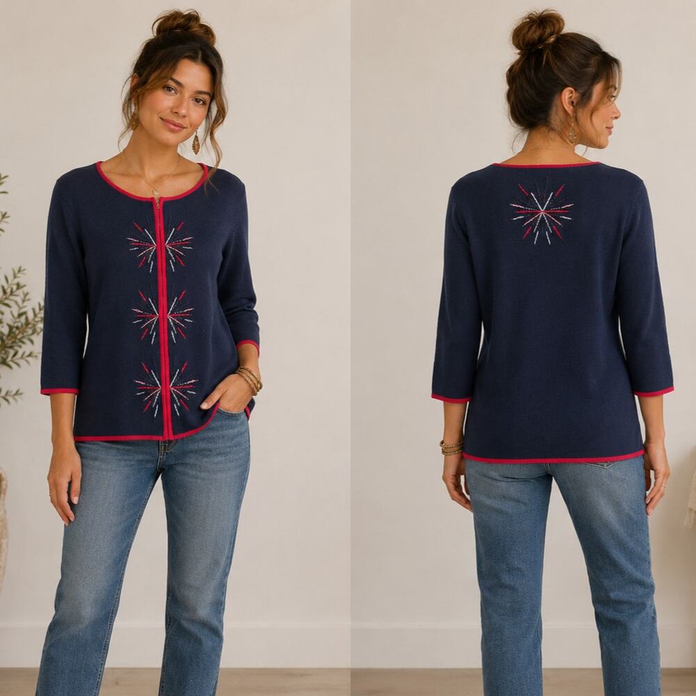Talbots Patriotic Full Zip Sweatshirt Women's Size M Cotton Navy Vintage Festive